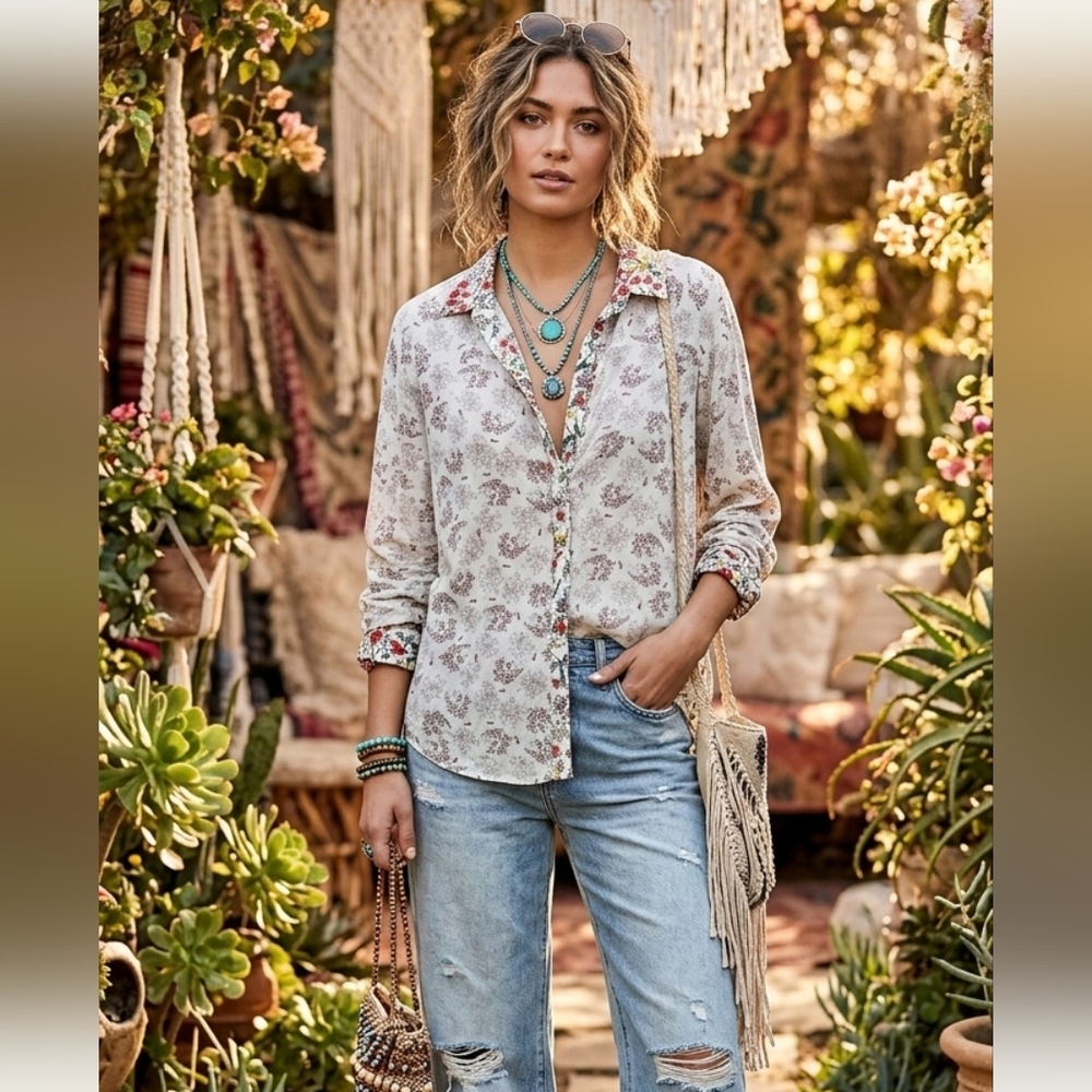 POL Cream and Red Floral Casual Shirt